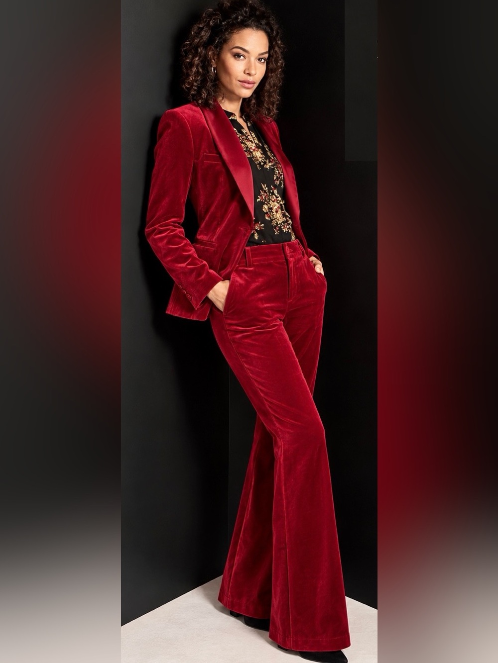 CAbi Ford Red Velvet Suit Set XS 2 Jacket Trouser Holiday Party